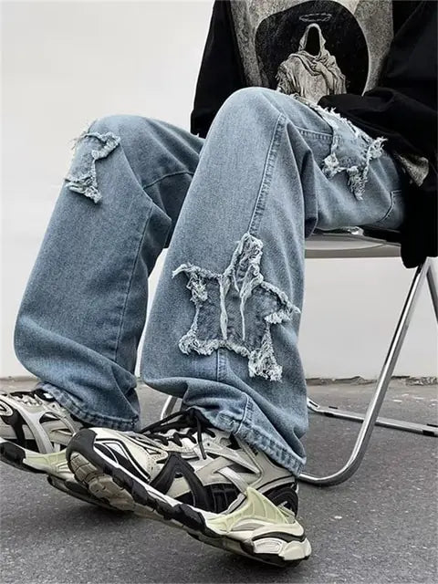 2022 New Fashion Stars Towel Embroidery Brown Baggy Men Jeans Pants