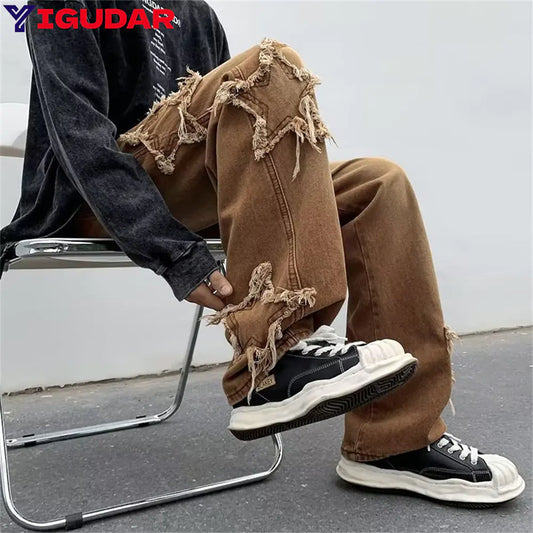 2022 New Fashion Stars Towel Embroidery Brown Baggy Men Jeans Pants