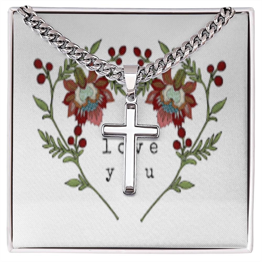 Personalized Steel Cross Necklace on Cuban Chain w/ MC