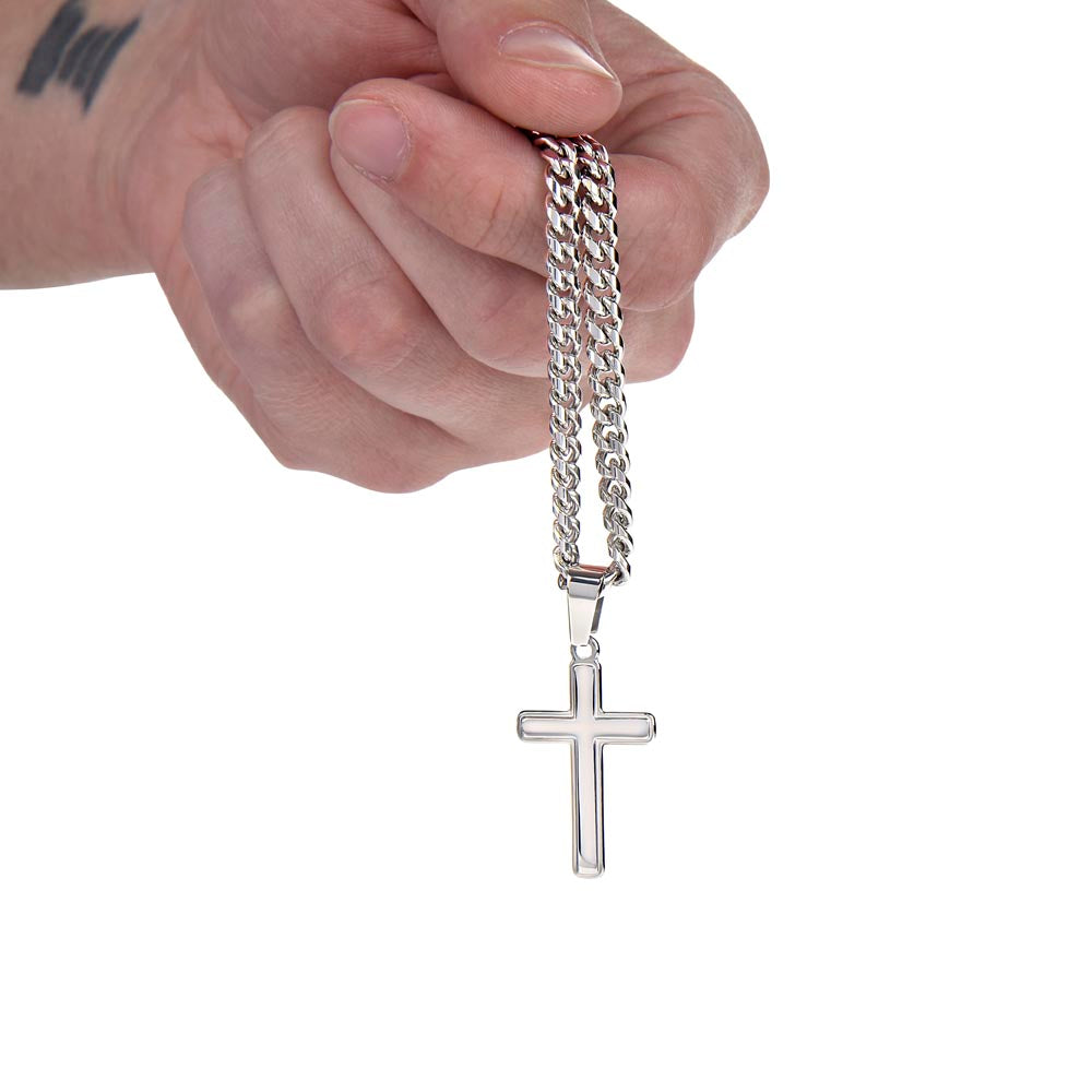 Personalized Steel Cross Necklace on Cuban Chain w/ MC